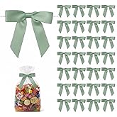 50 Pack Satin Twist Tie Bows for Gift Bags & Party Favors, 2.5 Inch Pre-Tied Ribbon Bows for Gift Wrapping, Birthday & Wedding Event Decorations - Sage Green