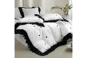 Jolusere Black and White Duvet Cover Set Queen Kids Love Heart Duvet Cover Princess Ruffle Comforter Cover Teens Girls Lovely Heart-Shaped Bedding Soft Microfiber,Wide Ruffled,90x90 Duvet Cover