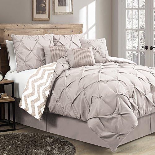 House of Hampton Stylish Premium Quality Elegant Germain Taupe, Queen Size 7 Piece Reversible Comforter Set, 1 Comforter, 2 shams, 3 decorative pillows, and 1 bed skirt