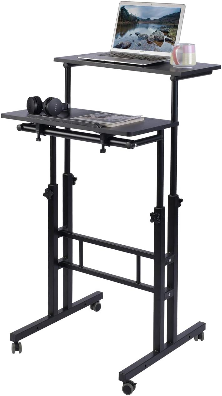 AIZ Mobile Standing Desk, Adjustable Computer Desk Rolling Laptop Cart on Wheels Home Office Computer Workstation, Portable Laptop Stand for Small Spaces Tall Table for Standing or Sitting, Black: Kitchen & Dining