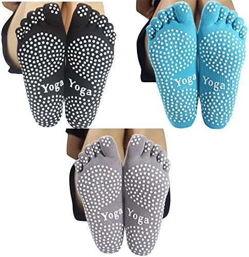 YL trd 3 Pairs of Full-toe Non Slip Skid Yoga Socks Pilates Barre Socks with Grips