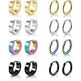 Earrings for Men, 8 Pairs Hoop Earrings 316L Stainless Steels Drop Earring Hypoallergenic Small Chunky Earrings Set for Women Men Huggie Earrings Black Gold Silver