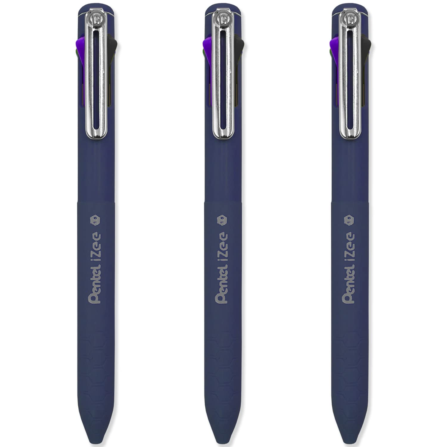 Pentel iZee 4 Colour Ballpoint Pen - Deep Violet Barrel - Multi Ink - Black, Violet, Blue & Green Ink - Pack of 3