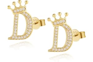 Crown Initial Stud Earrings for Girls, 14K Gold Plated S925 Sterling Silver Post Cubic Zirconia Stud Earrings, Hypoallergenic