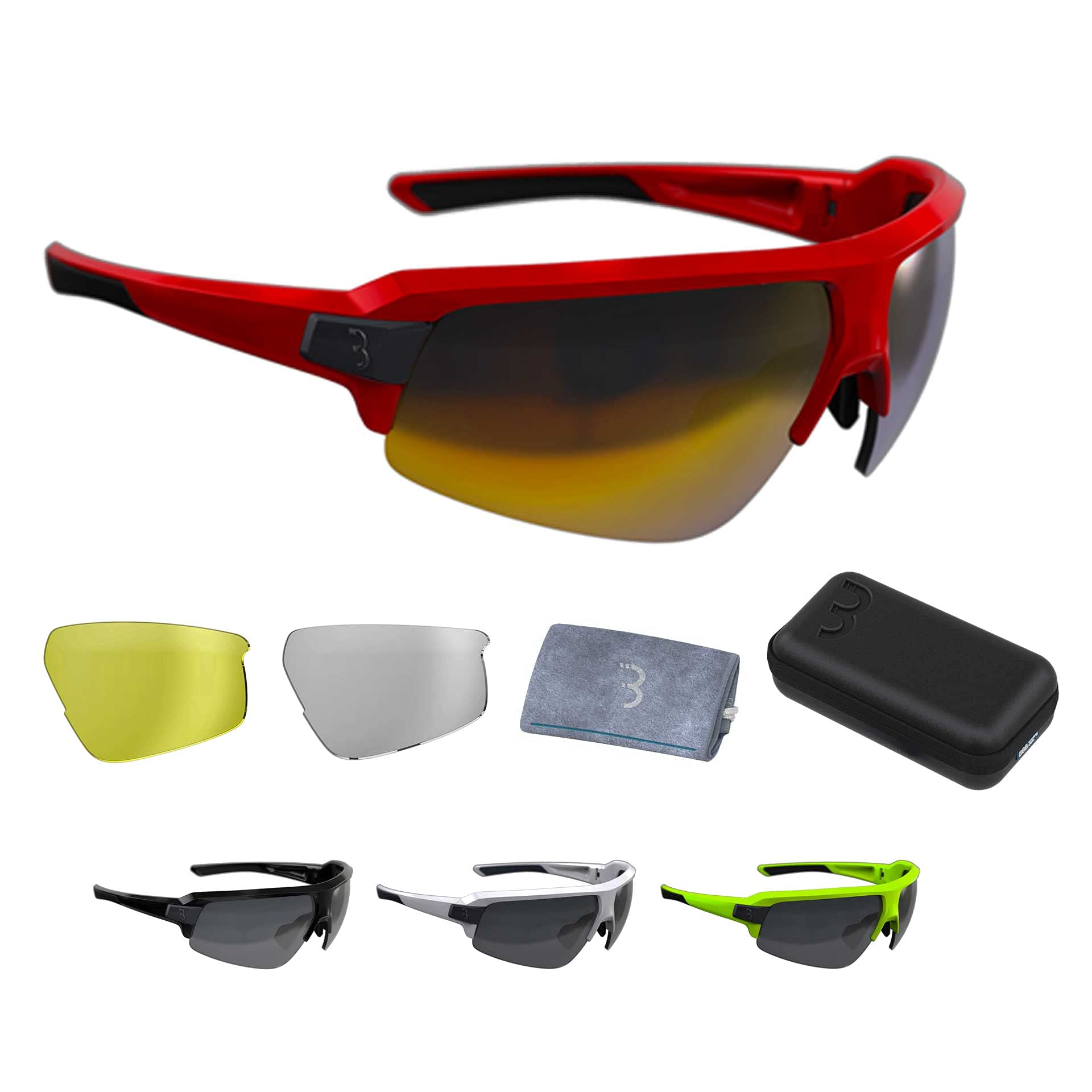 BBB Cycling Sports Glasses with 3 Interchangeable Lenses Lightweight Sunglasses UV Protection Half Frame for Bike Riding Men Women - Glossy Red - Impulse BSG-62