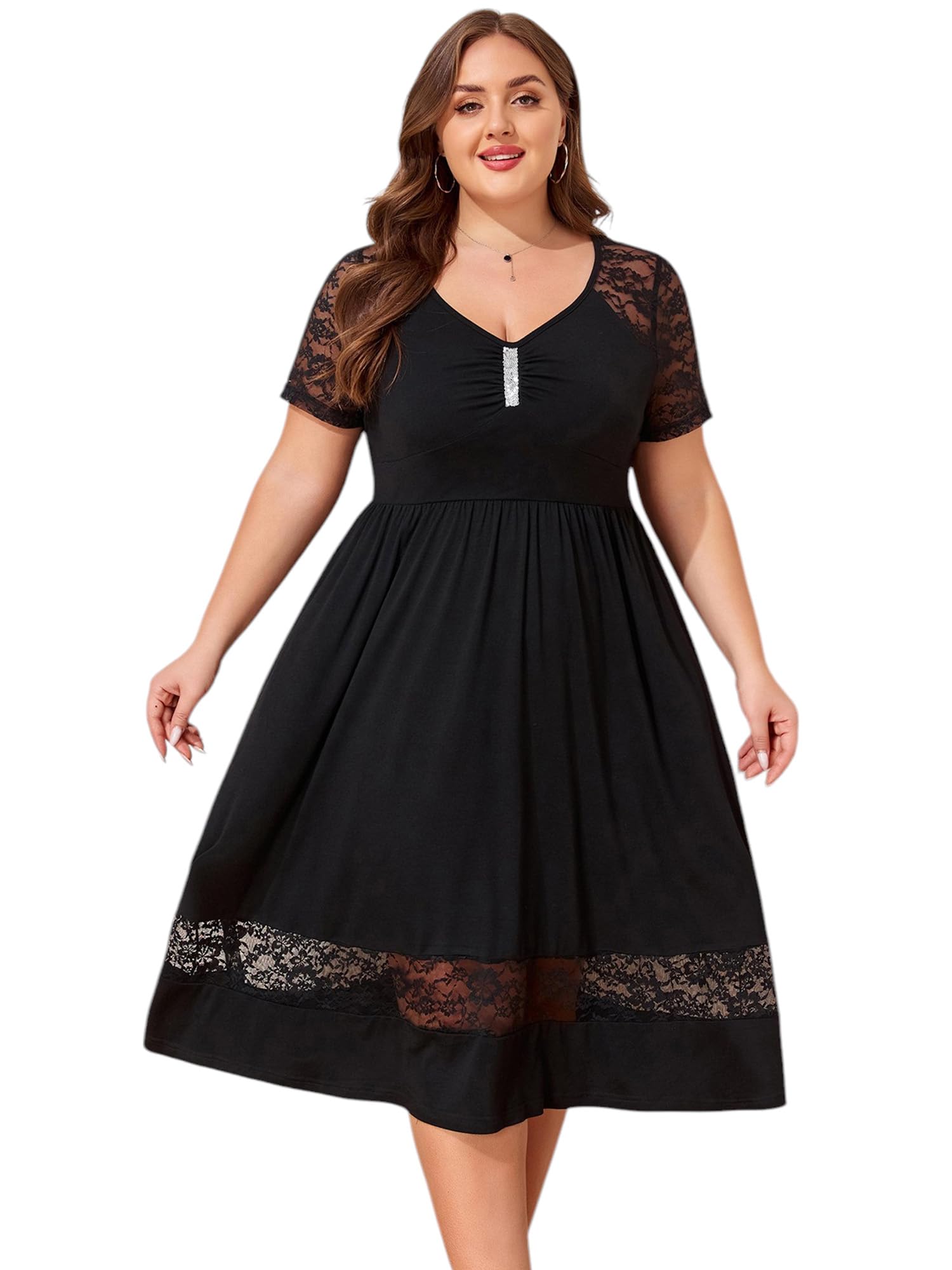 LapaPlus 2025 Women Plus Size Lace Summer Dress - V