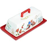 Sizikato Porcelain Butter Dish with Lid, Red Flower and Bird Pattern-7.5 Inch