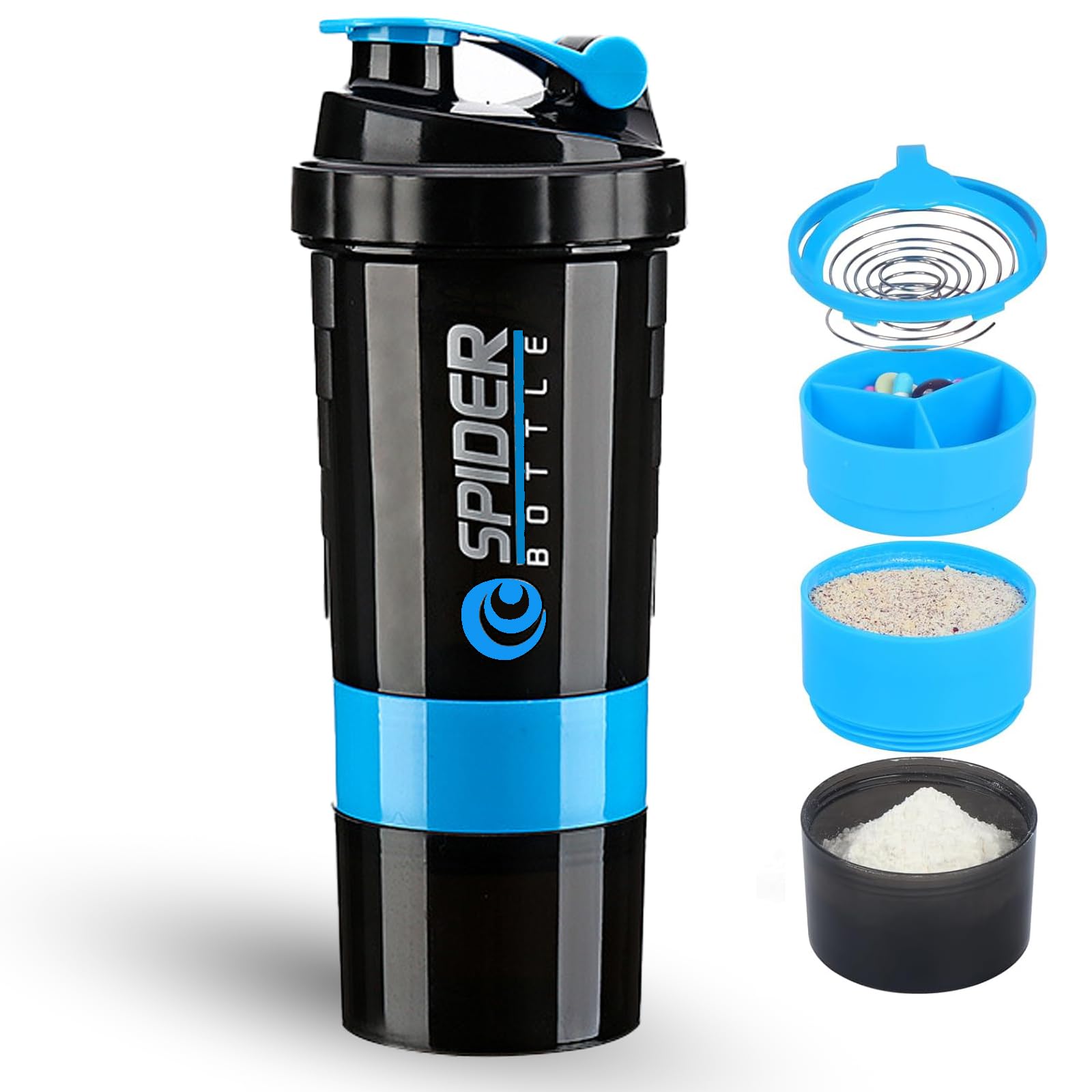 DDUP Protein Shaker Bottle, 16oz 3 Layer Twist Off GYM Shaker Cup Shake Bottle with Mix Grid and Pill & Supplement Storage,Leak Proof Shaker for Protein Shakers (Blue)
