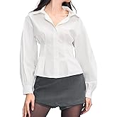 SUNNOW Women's White Waist Pleated Blouse Tucked Fit Long Sleeve Shirt for Casual Elegant Style