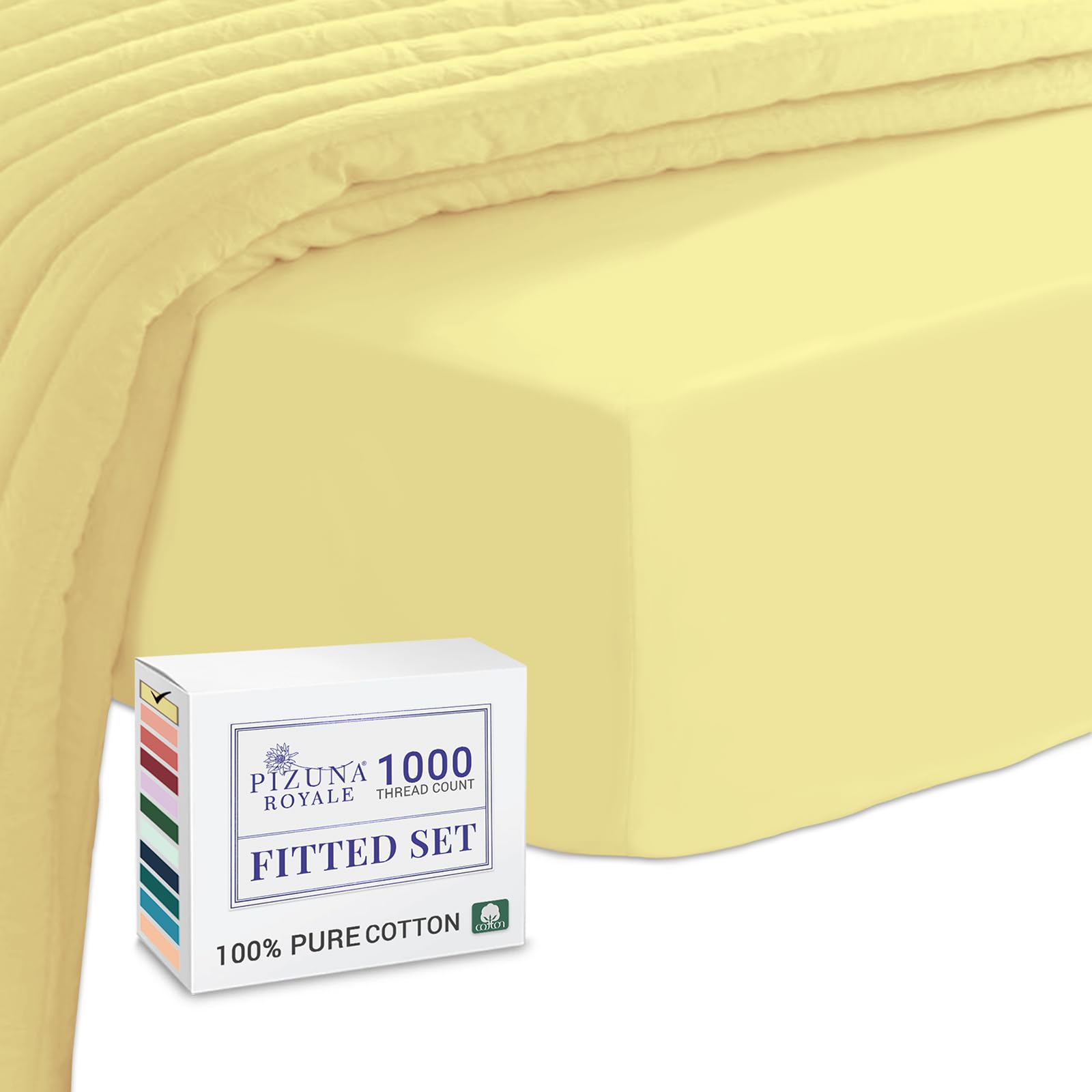 Pizuna Luxurious Cotton King Size Fitted Sheet Mellow Yellow, 1000 Thread Count 100% Long Staple Cotton Fitted Sheets King Size 160x200 cm, Sateen Weave Thick Fitted Sheet Extra Deep 40 cm Fit - 1 PC