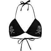 WDIRARA Women's Goth Skull Triangle Halter Bikini Top Rhinestone Tie Back Swimsuit Tops Swimwear