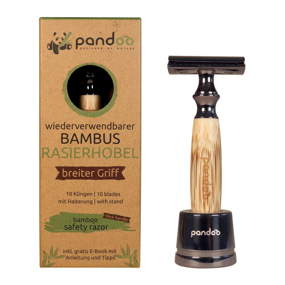 pandoo, Safety Razor with Stand and Bamboo Handle, Zero-Waste, Safe, Unisex, Wet Use, Closed Bar, Plastic Free, with E-Book and 10 Blades