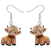 NEWEI Acrylic Cartoon Highland Cow Dangle Earrings Scottish Gifts for Women Cute Cattle Scotland Jewelry Accessories Cow Print Gifts for Farm Animal Lovers