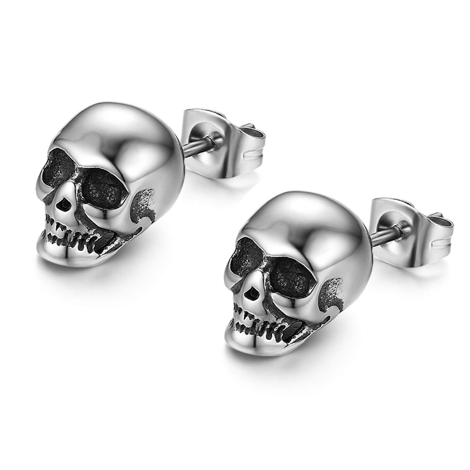 JewelryWe Mens Skull Stud Earrings Silver Tone Punk Rock Style Hip Hop Stainless Steel Earring