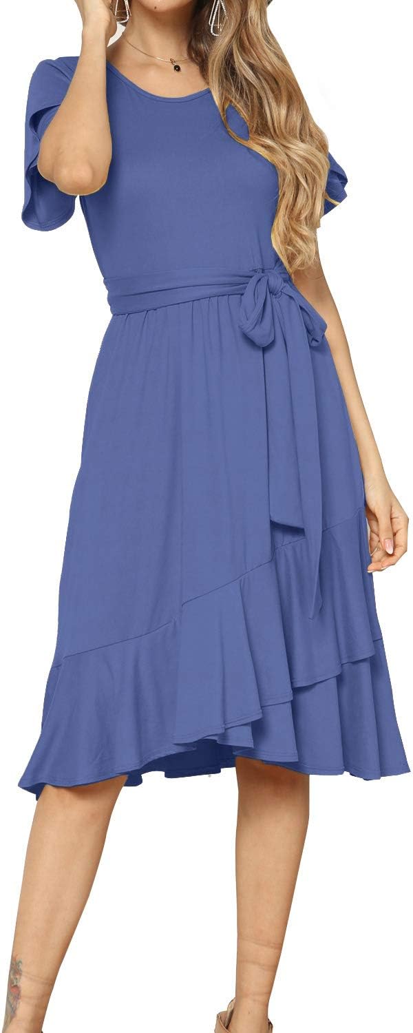 Women's Plain Casual Flowy Short Sleeve Midi Dress with Belt