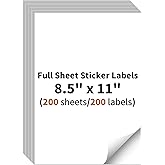 Full Sheet Sticker Labels, 8.5" x 11" Shipping Labels Paper (200 Sheets, 200 Labels), Self Adhesive Full Sheet White Matte Label Paper, Address Sticker Labels for Laser & Inkjet Printer