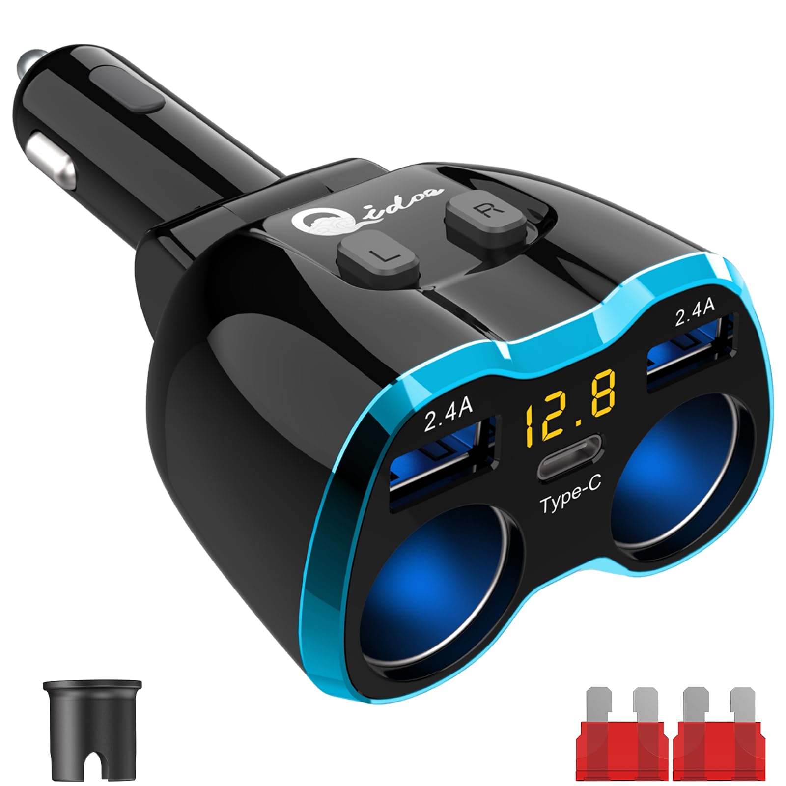 USB C Car Charger Cigarette Lighter Splitter, Qidoe 80W 2-Socket 12V/24V Car Power Adapter with 5.8A Dual USB Car Charger for GPS, Dashcam, SatNav, iPhone, iPad, Android etc