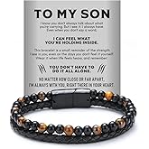 JWIGP The Guardian - Son's Tiger Eye Protection Bracelet, Leather Black Beaded Cuff Bangle Stainless Steel Mens Gifts Jewelry To My Son From Mom and Dad