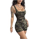 WDIRARA Women's Camo Print Romper Square Neck Sleeveless Workout One Piece Shorts Jumpsuit