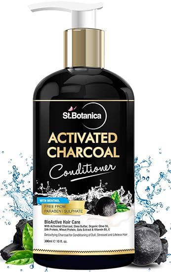 StBotanica Activated Charcoal Hair Conditioner, 300ml - Deeply Purifies and Removes Impurities, Refreshing Menthol with Organic Olive Oil, Shea Butter, Oats & Wheat Protein.