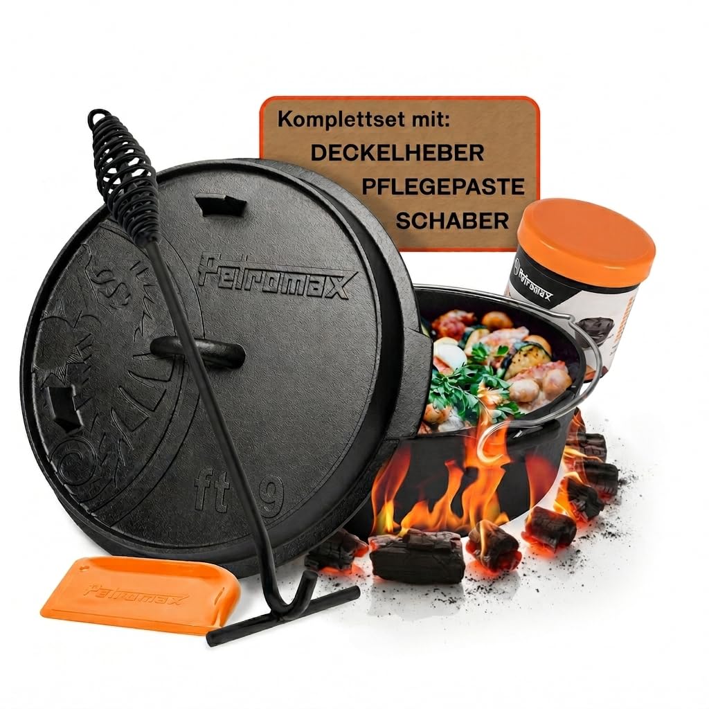 Petromax Feuertopf ft9-t Einsteiger-Set - Dutch Oven mit planen Boden inklusive Deckelheber, Pflegepaste und Schaber - für alle Grillarten und offenes Feuer - 7,5 Liter