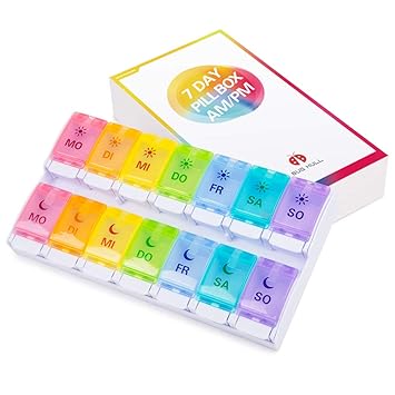 Tablettenbox 7 Tage, BUG HULL Medikamentenbox Pillendose Morgens Abends, 14 Fächer Leicht Zu Öffnen Deutsch