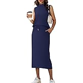 Casly Lamiit Women's 2 Piece Set Summer Casual Sleeveless Mock Neck Top Midi Skirts Lounge Travel Outfit