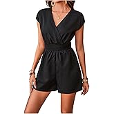 SOLY HUX Women's Romper V Neck Wrap Cap Sleeve Shirred Summer Short Jumpsuit