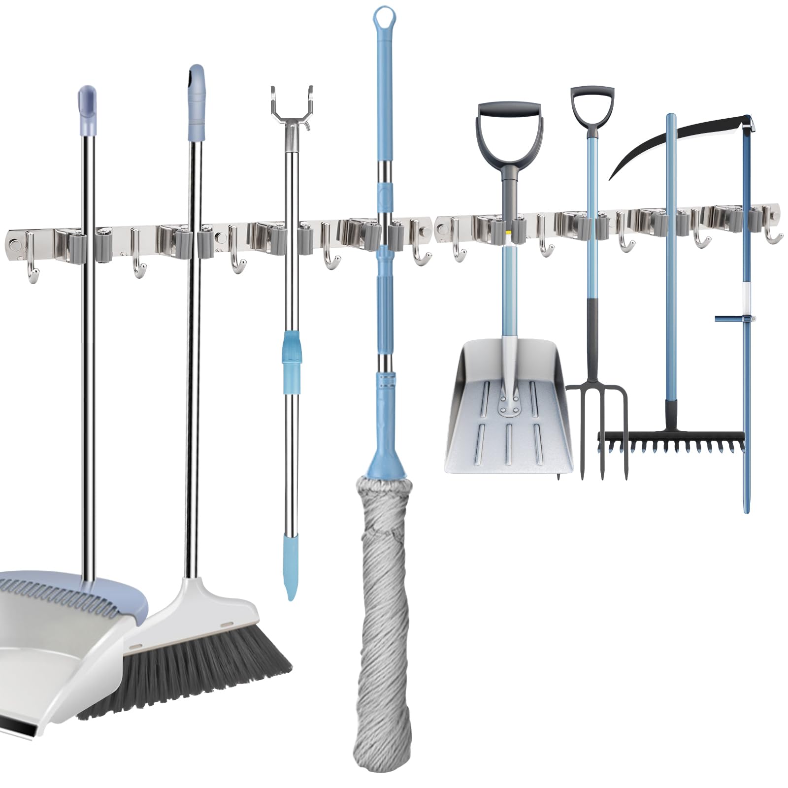 Photo 1 of OCGIG 2 Pack Mop and Broom Holder, Wall Mounted Metal Hanger Organization Storage Heavy Duty Tool Organizer for Garage Home Kitchen Laundry Garden (4 Racks and 5 Hooks) 