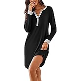 Ekouaer Women's Nightgown Long Sleeve Sleepshirt Button Down Nightshirt V Neck Pajama Dress with Pockets S-XXXL