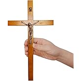 Qoncosy Crucifix Wall Cross Jesus Wooden Design, Catholic Cross Wall Decor from Solid Wood, Religious Christian Cross for Home Church Prayer Meditation