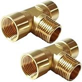 Uenede Brass 1/2 Inch NPT FMF Tee Pipe Fitting, 2PCS | 1/2" NPT Female x Male x Female 3-way Adapter for Water Oil Gas