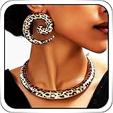 Zehope Leopard Print Choker Necklace Earring Set Gold African Chunky Cheetah Jewelry Set for Women