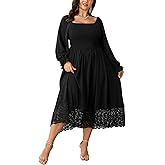 SHESTARR Women's Plus Size Maxi Dress Long Sleeve Square Neck Smocked Flowy A-Line Lace Trim Wedding Guest Dresses