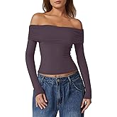 QINSEN Womens Off The Shoulder Tops Double Lined Long Sleeve T Shirts Slim Fitted Stretchy Crop Top