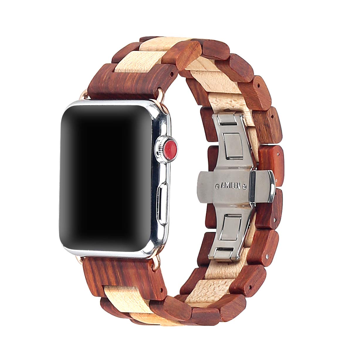 AIYIBEN Wooden Watch Strap Band 42mm/44mm/45mm with Stainless Steel Butterfly Buckle Compatible for iWatch Series 1 2 3 4 5 6 7(Red Sandalwood Maple)