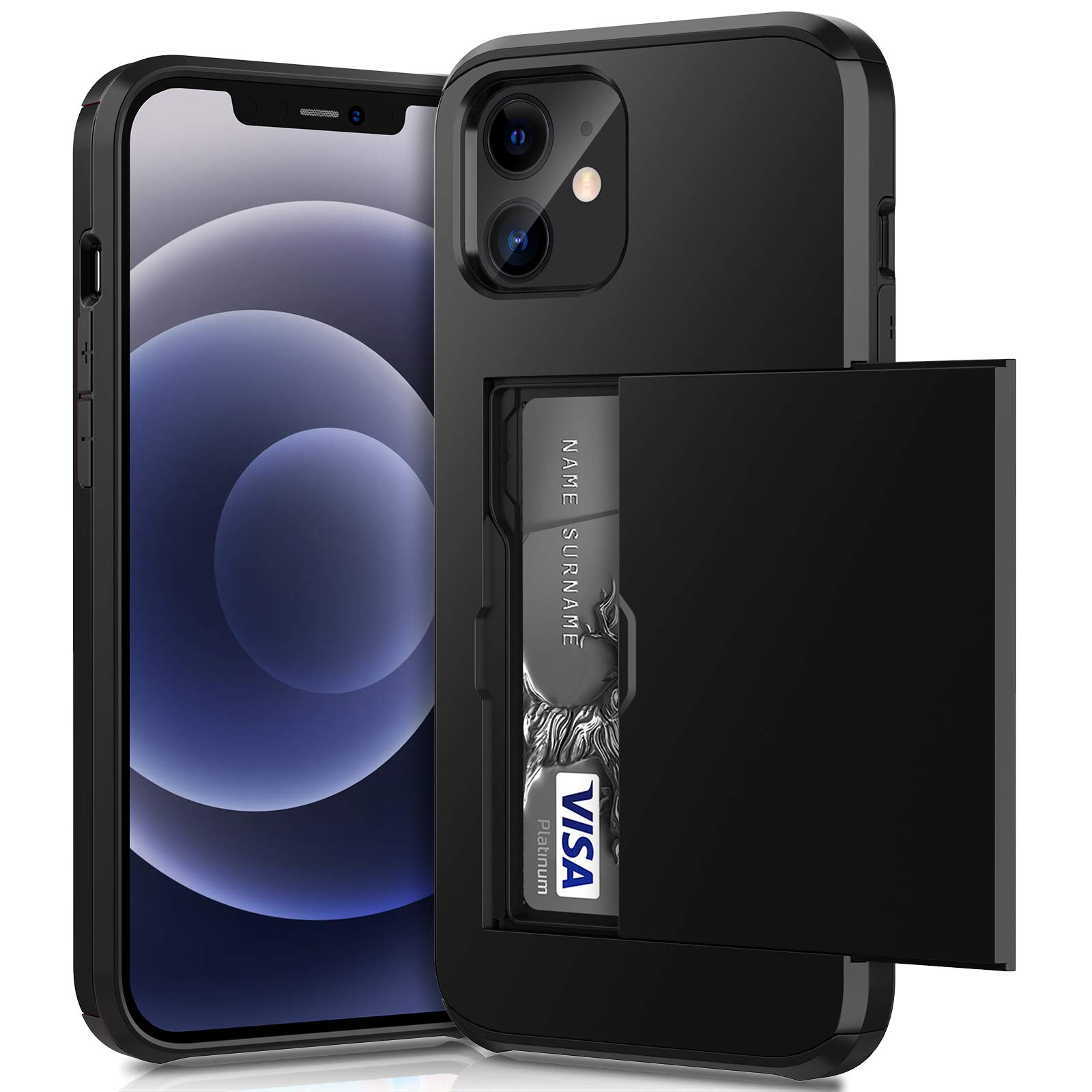 ACOCOBUY for iPhone 12 Mini Case with Card Holder Sliding Cover Hidden Pocket IDs Credit Cards Slot Heavy Duty Shockproof Protective Dual Layer Wallet Phone Cover Back Shell Men Women 5.4 inch Black
