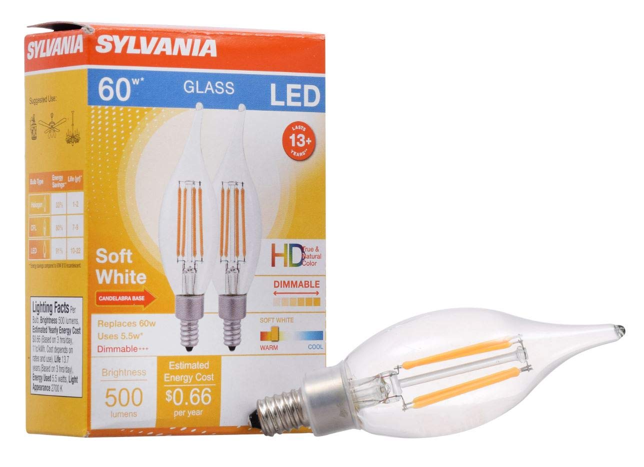 SYLVANIA General Lighting 40405 Sylvania LED Filament Light Bulb, B10 Lamp, Candelabra Base, Clear Finish, Efficient 5.5W, Soft White 2700K, 2 Pack, 2