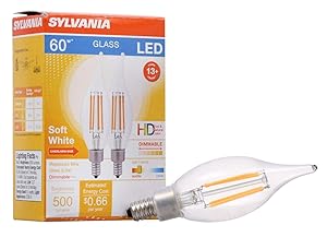 SYLVANIA General Lighting 40405 Sylvania LED Filament Light Bulb, B10 Lamp, Candelabra Base, Clear Finish, Efficient 5.5W, Soft White 2700K, 2 Pack, 2