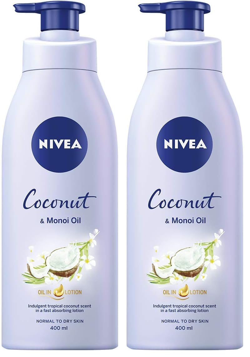 NIVEA Oil In Lotion Coconut & Monoi (400ml), Replenishing Body Lotion with a tropical Coconut Scent & Powerful Monoi Oil, Moisturising Cream, NIVEA Body Lotion (Pack of 2)