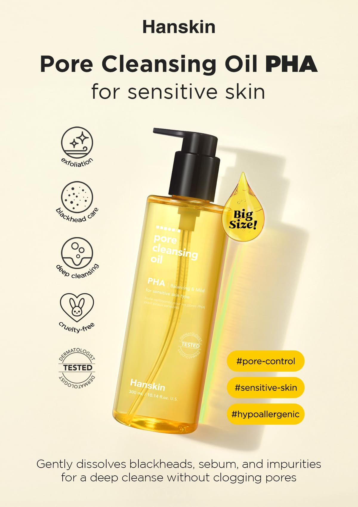Hanskin Pore Cleansing Oil, Oil Cleanser for Face, Makeup Blackhead Sebum Remover, Korean Deep Pore Cleanser for Sensitive Skin [PHA] (10.14 oz)