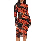 Women's 3 Piece Sexy Mesh Bodycon Dress Set - Long Sleeve Floral Ruched Sheer Midi Dress with Matching Cami and Shorts