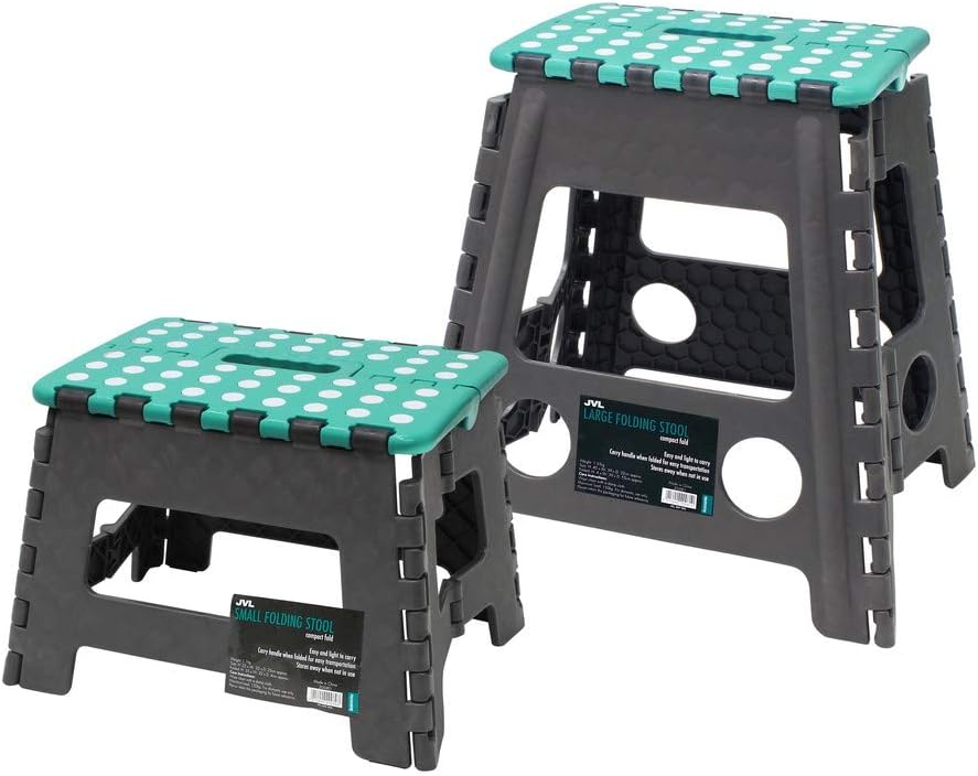 JVL Small and Large Folding Step Stool, Grey/Turquoise, Large & Small