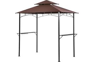 FDW Grill Gazebo 8'x 5' Barbecue Canopy BBQ Gazebo Canopy Tent w/Air Vent Double Tiered Outdoor Brown