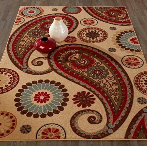 Diagona Designs Contemporary Paisley Design Non-Slip Kitchen / Bathroom / Living Room Area Rug, Beige, 5'0" W x 6'6 L