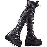 Gothniero Black Platform Boots Over Knee Thigh High Goth Boots for Women Chunky Heel Rave Motorcycle Boots with Buckles Side Zip Lace Boots Size5.5-10