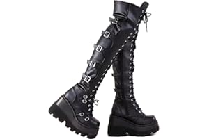 Gothniero Black Platform Boots Over Knee Thigh High Goth Boots for Women Chunky Heel Rave Motorcycle Boots with Buckles Side Zip Lace Boots Size5.5-10