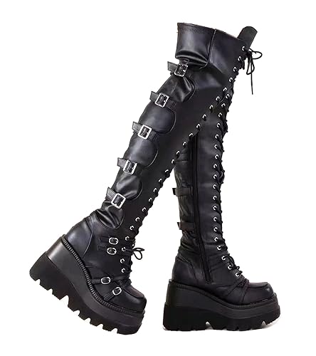 Gothniero Black Platform Boots Over Knee Thigh High Goth Boots for Women  Chunky Heel Rave Motorcycle Boots with Buckles Side Zip Lace Boots 