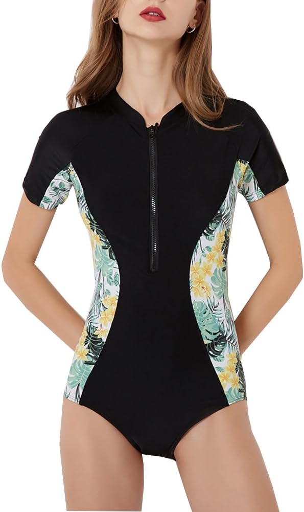 Women Rashguard Long Sleeve Zip UV Protection Print Surfing Swimsuit Swimwear Bathing Suits