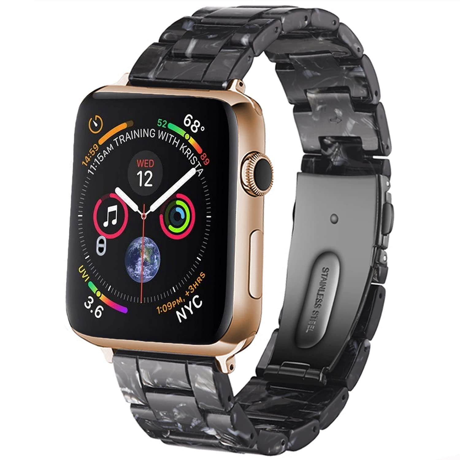 Miimall Resin Strap Compatible with Apple Watch 38mm/40mm/41mm, Waterproof Lightweight Band with Stainless Steel Buckle iWatch Strap Bracelet for Apple Watch SE Series 8/7/6/5/4/3/2/1(Black Flower)